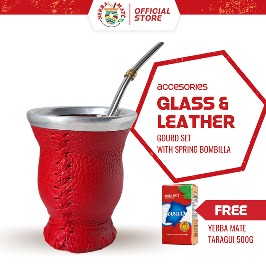 Yerba Mate Gourd (Glass & Leather) – 150ml | Stainless Steel Bombilla with Spring - Merah