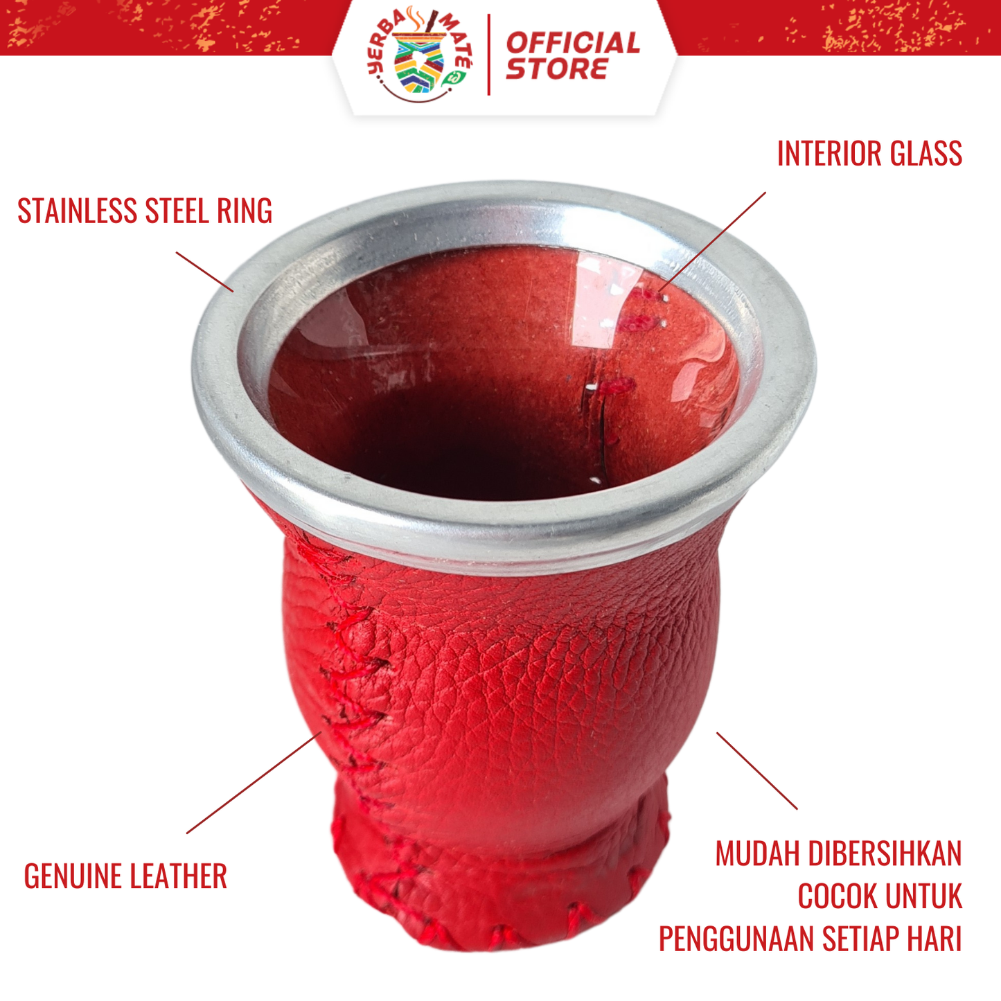 Yerba Mate Gourd (Glass & Leather) – 150ml | Stainless Steel Bombilla with Spring - Merah