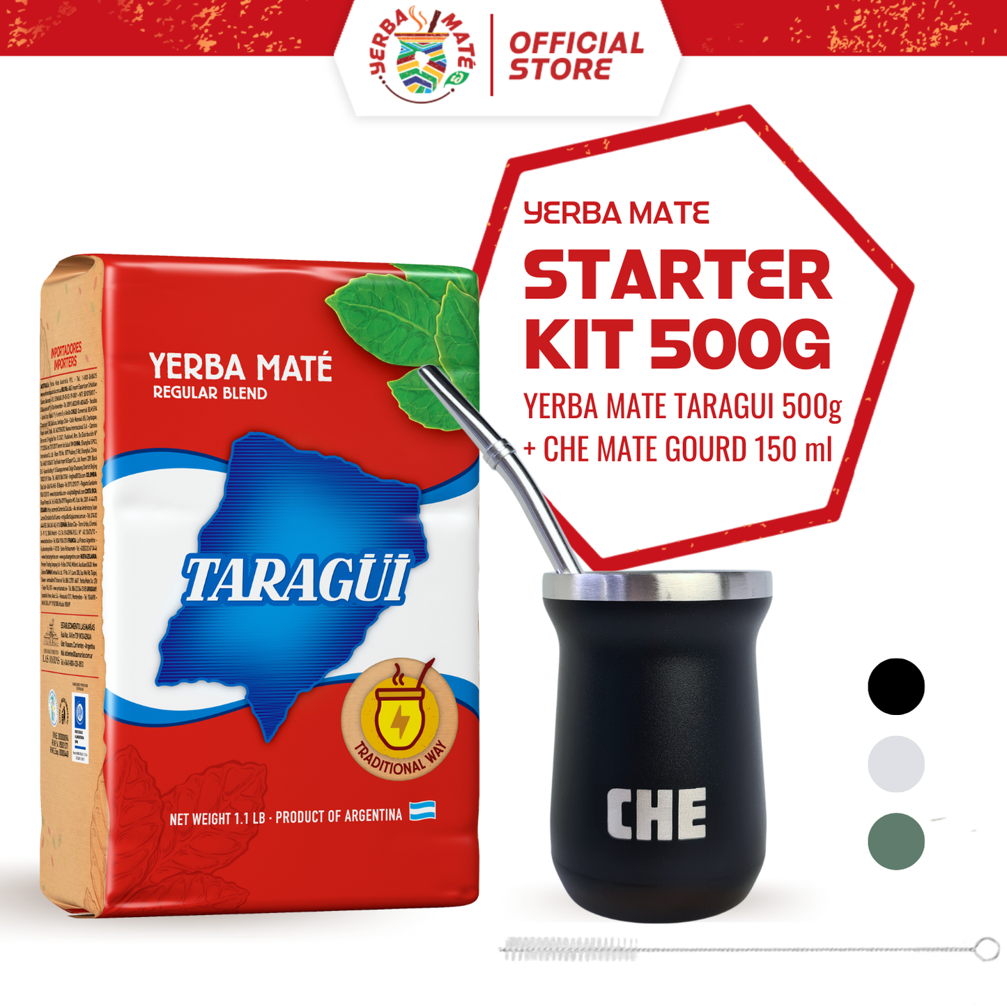 Taragui Starter Kit Yerba Mate Original with stems 500g + CHE Mate Gourd Cup Set - Hitam