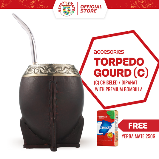 Yerba Mate Gourd Torpedo Chiseled | Silver Straw & Yerba Mate 250g - Hitam, 12 cm