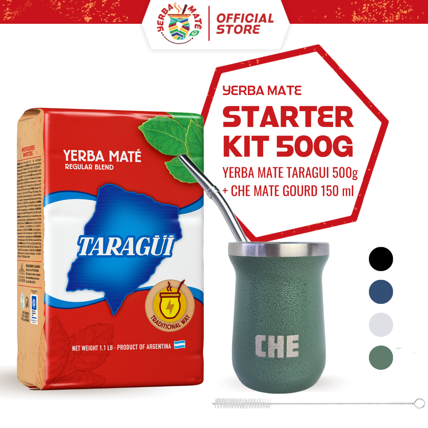 Taragui Starter Kit Yerba Mate Original with stems 500g + CHE Mate Gourd Cup Set - Hitam