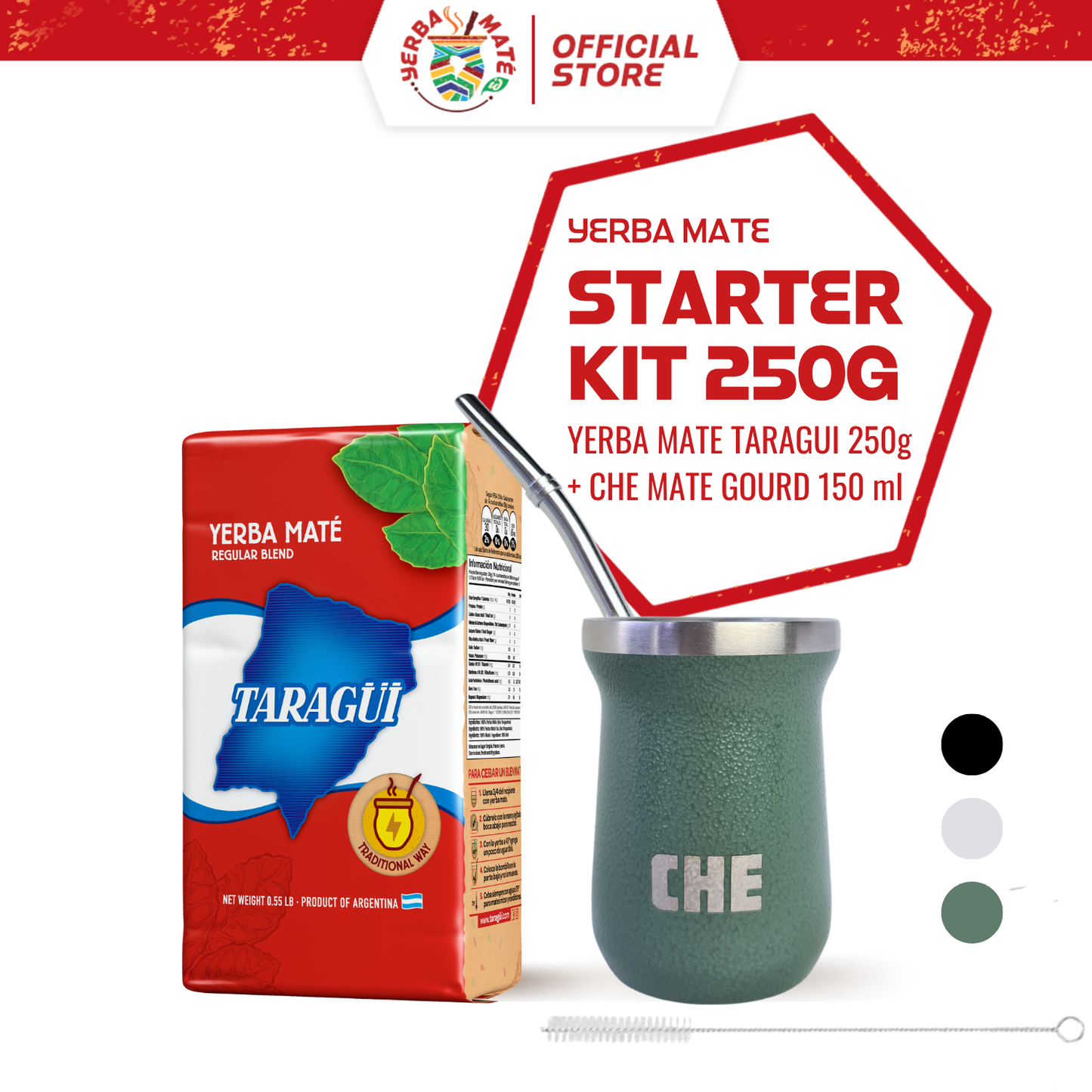 Taragui Yerba Mate Original with stems 250g + CHE Mate Gourd Cup Set - Hitam, Stanley Cup