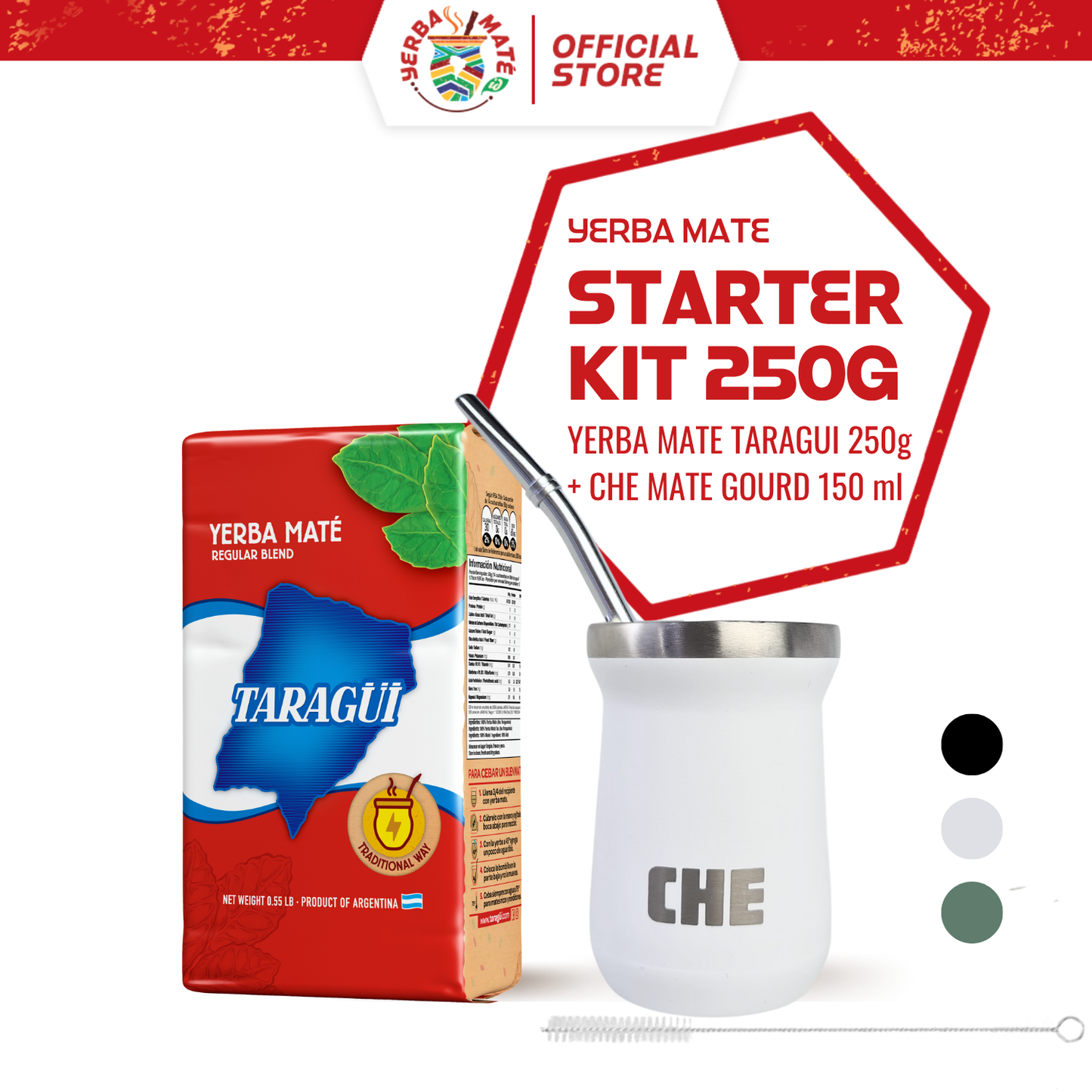 Taragui Yerba Mate Original with stems 250g + CHE Mate Gourd Cup Set - Hitam, Stanley Cup