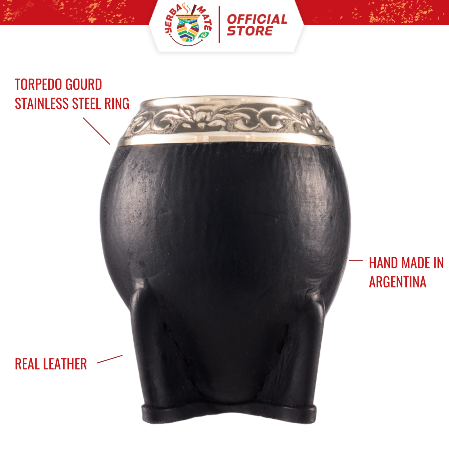 Yerba Mate Gourd Torpedo Chiseled | Silver Straw & Yerba Mate 250g - Hitam, 12 cm