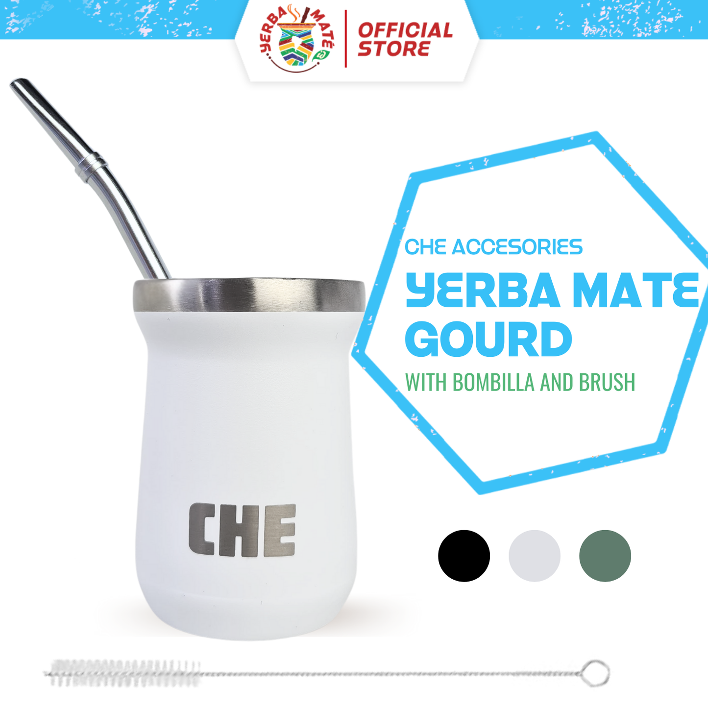 CHE Yerba Mate Gourd Cup | Stainless steel bombilla, brush, travel lid - Putih, Shape Stanley