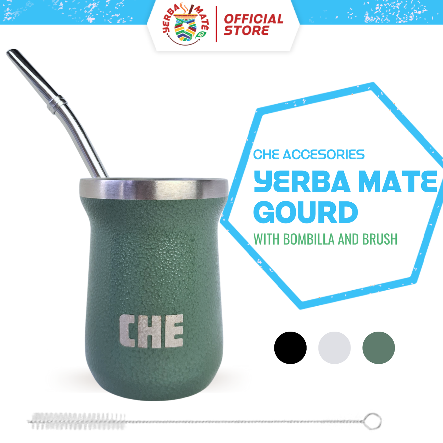 CHE Yerba Mate Gourd Cup | Stainless steel bombilla, brush, travel lid - Putih, Shape Stanley