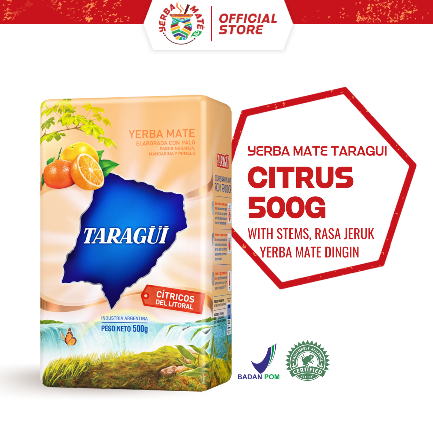 Taragui Yerba Mate Citrus with stems 500g | Teh Botanikal Yerba Mate dengan Rasa Jeruk Argentina