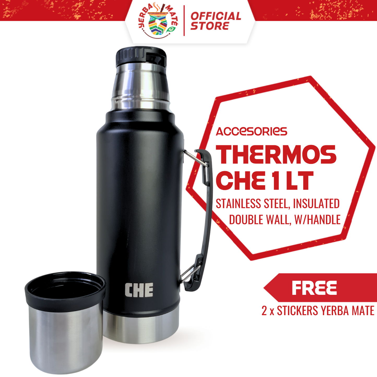 CHE Thermos Stainless Steel 1L | Yerba Mate Flask - Model Stanley, Black
