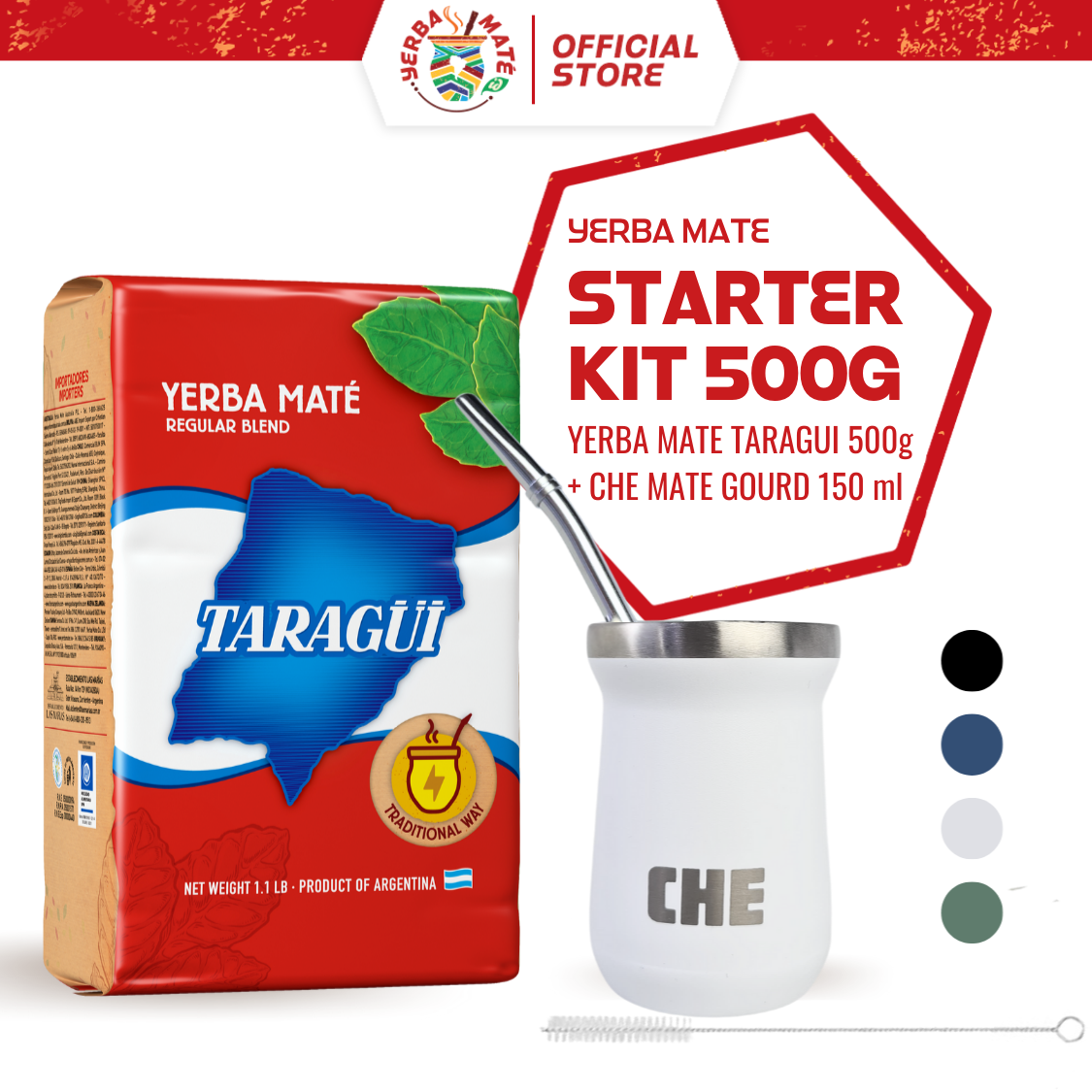Taragui Starter Kit Yerba Mate Original with stems 500g + CHE Mate Gourd Cup Set - Hitam