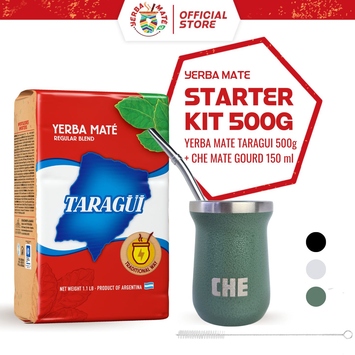 Taragui Starter Kit Yerba Mate Original with stems 500g + CHE Mate Gourd Cup Set - Hitam