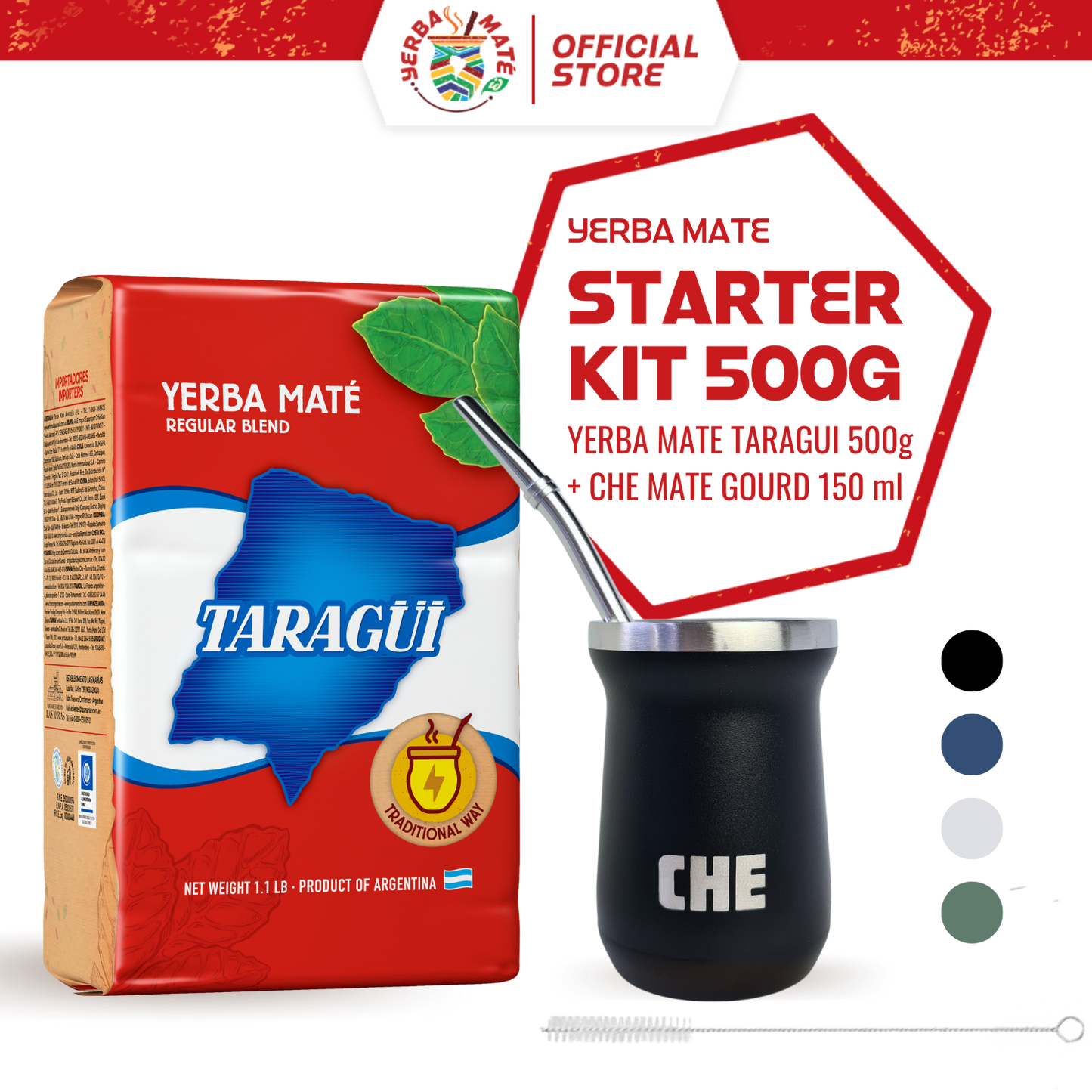Taragui Starter Kit Yerba Mate Original with stems 500g + CHE Mate Gourd Cup Set - Hitam