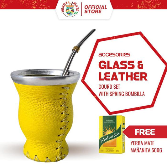 Yerba Mate Gourd (Glass & Leather) – 150ml | Stainless Steel Bombilla with Spring - Kuning